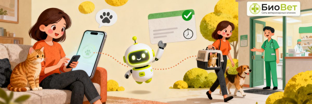 Как это работает: хозяйка кота пишет ИИ-помощнику, помощник записывает на приём, и питомца встречают в клинике БиоВет
